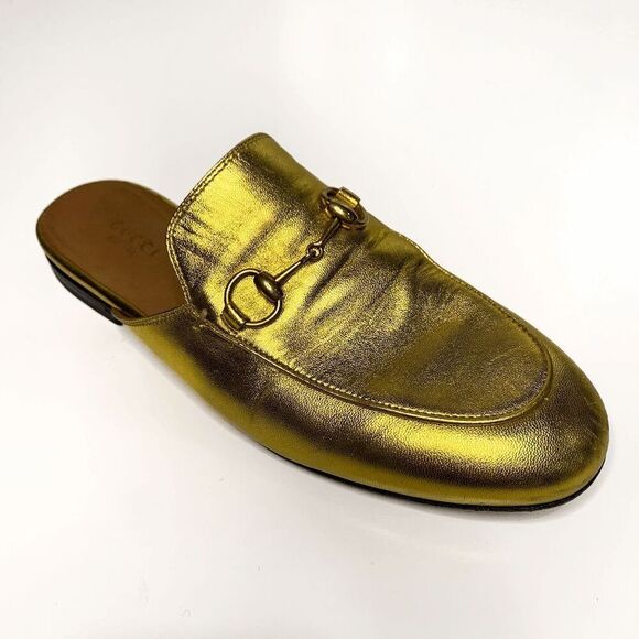 Gucci Princetown Horsebit Loafer Mule EU 36.5 US 6.5 Gold Leather Slip On Flat - Picture 1 of 10